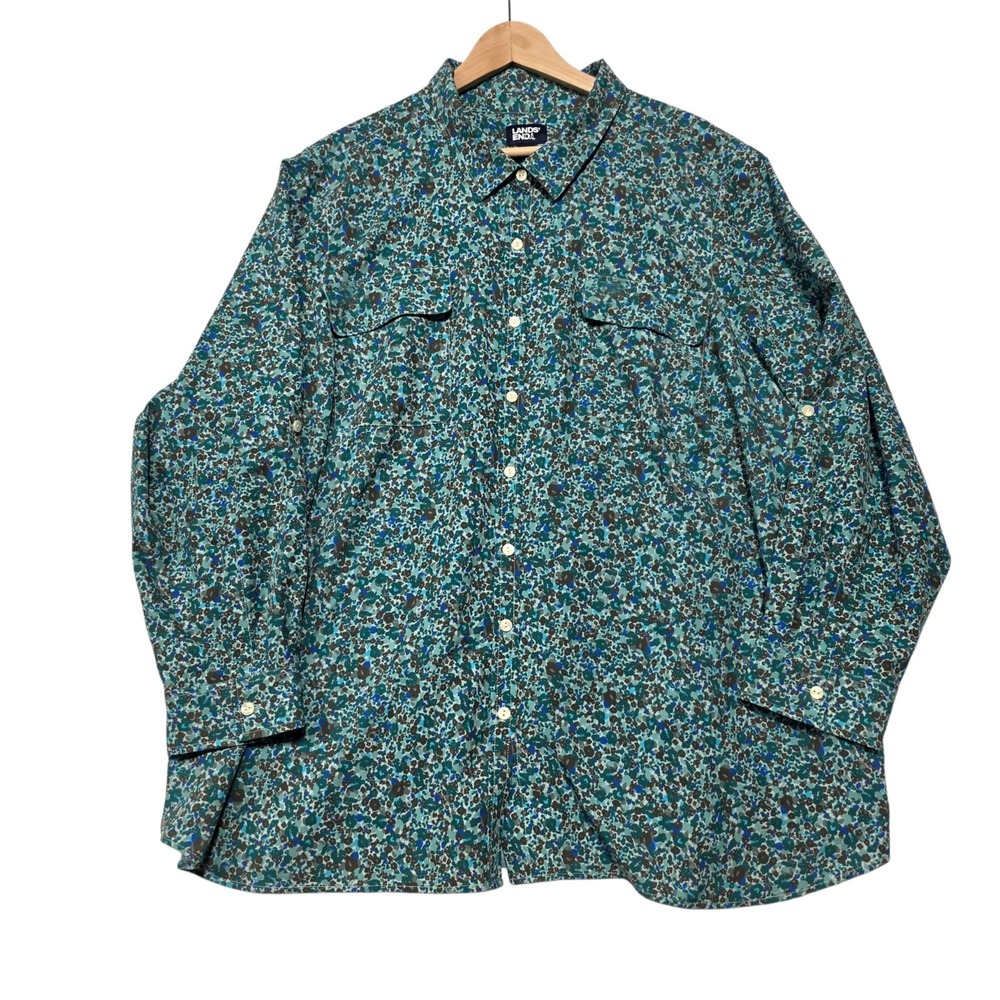 Lands End Floral Button Up Shirt Womens 3X Blue Polyester Spandex Roll Tab